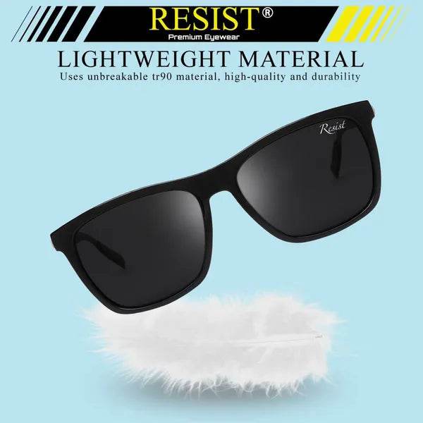 Sunglass Lover black wayfarer sunglasses with matte frame and dark lenses floating over white feather