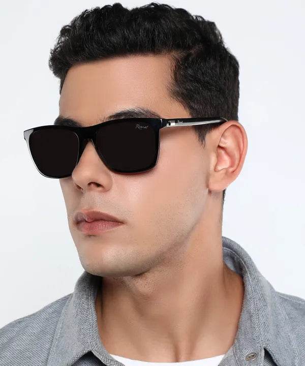 Sunglass Lover black wayfarer sunglasses on male model with matte black frame and dark polarized lenses