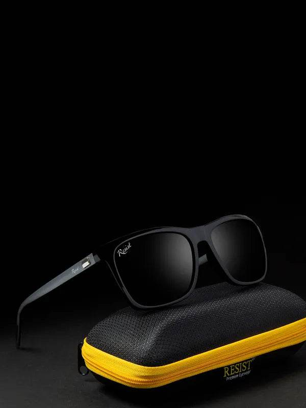 Sunglass Lover black wayfarer sunglasses on textured protective case with yellow zipper for everyday wear