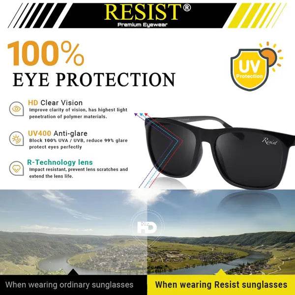 Sunglass Lover black wayfarer sunglasses ad showing 100 percent UV protection UV400 HD clear vision R Technology lens