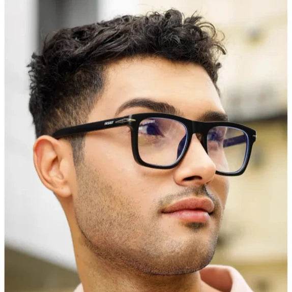 Sunglass Lover Antiblue eyeglasses on male model with black rectangular frames and blue tint blue light blocking eyeglasses