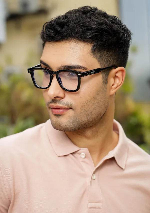 Sunglass Lover Antiblue Eyeglasses black square frames on man in pink polo blue light blocking glasses for eye strain
