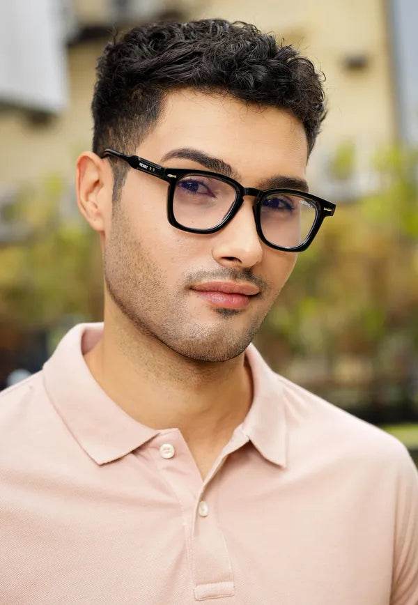 Sunglass Lover Antiblue eyeglasses on male model black frame blue tinted lenses blue light blocking glasses for eye strain