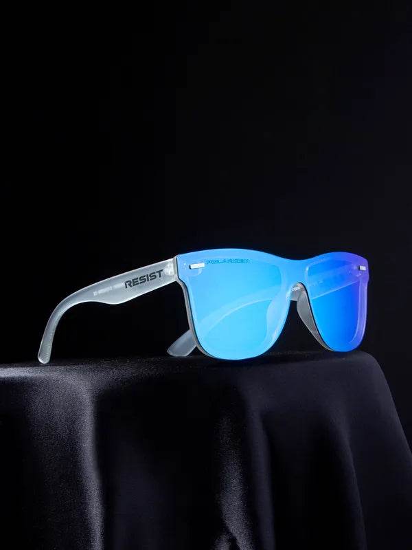 Sunglass Lover rimless blue mirror sunglasses for men with translucent gray temples and reflective blue lenses