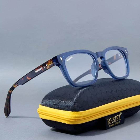 Blue Tiger wayfarer eyeglasses blue light blocking translucent blue frames with tortoiseshell temples on black case