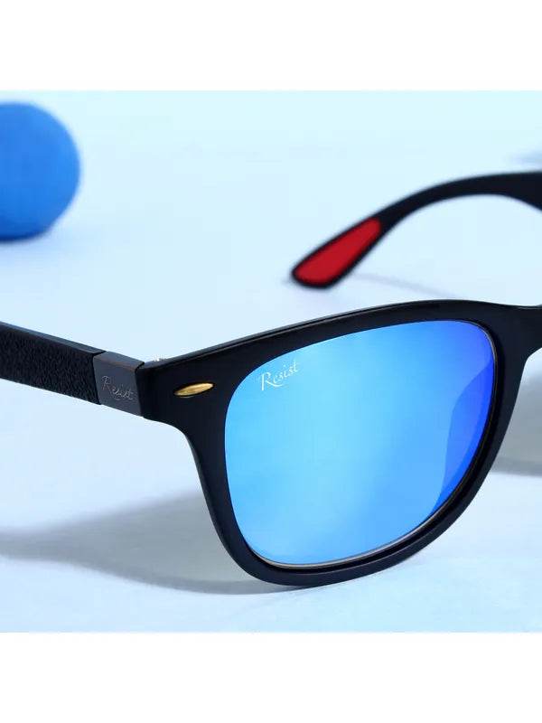blue wayfarer sunglasses from Sunglass Lover featuring black frame mirrored lenses and red temple tips