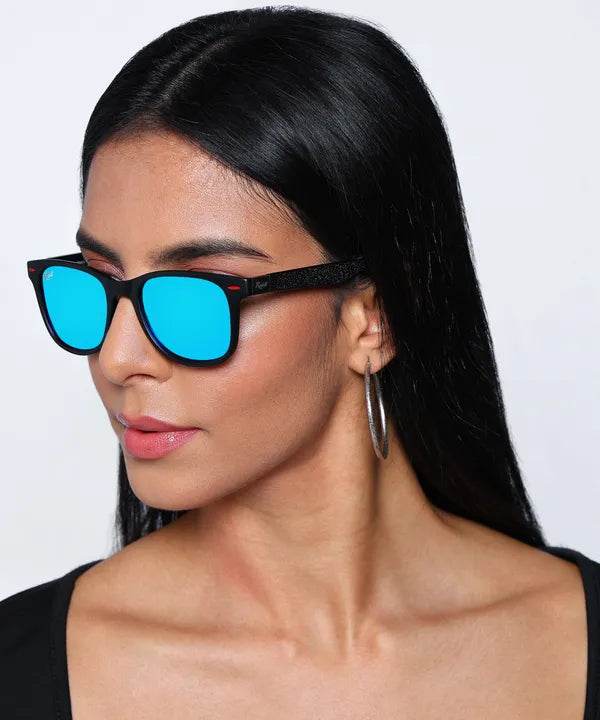Sunglass Lover black frame blue wayfarer sunglasses with mirrored lenses worn by model