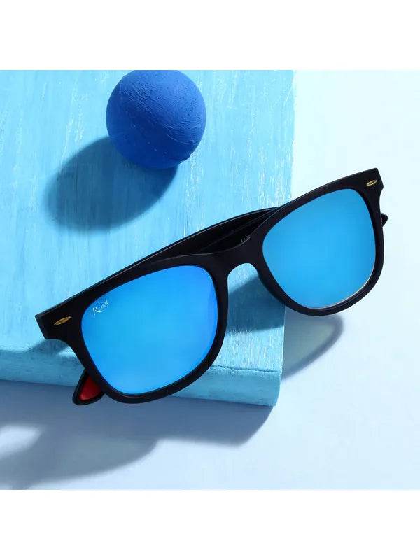 Sunglass Lover blue wayfarer sunglasses black frame with mirrored blue lenses for casual beach and travel