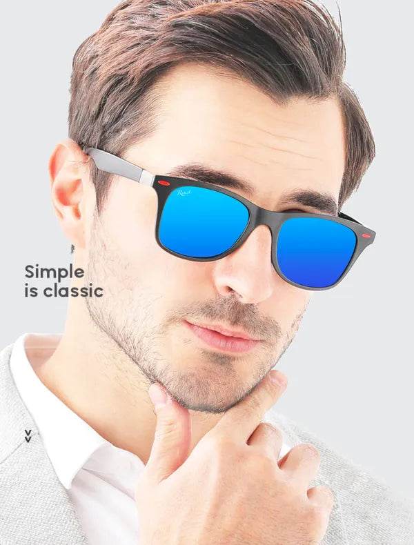 Sunglass Lover model wearing blue wayfarer sunglasses with mirrored blue lenses matte black frame classic style