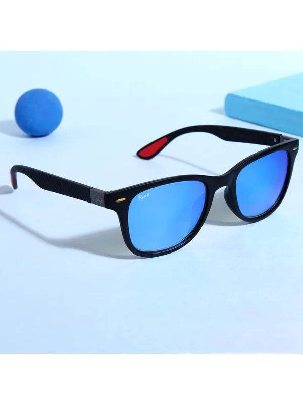 Sunglass Lover blue wayfarer sunglasses black frame with blue mirrored lenses and red temple accents for casual wear
