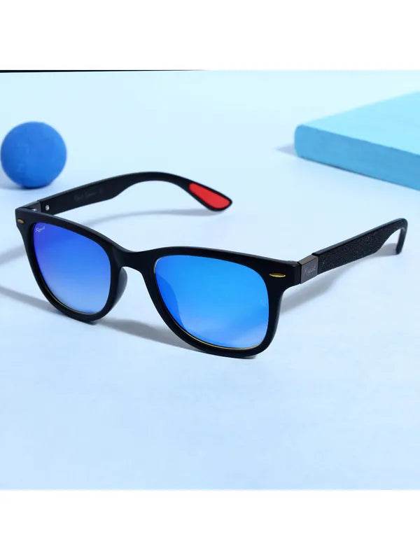 Sunglass Lover blue wayfarer sunglasses with black frame and mirrored blue lenses and red temple accents