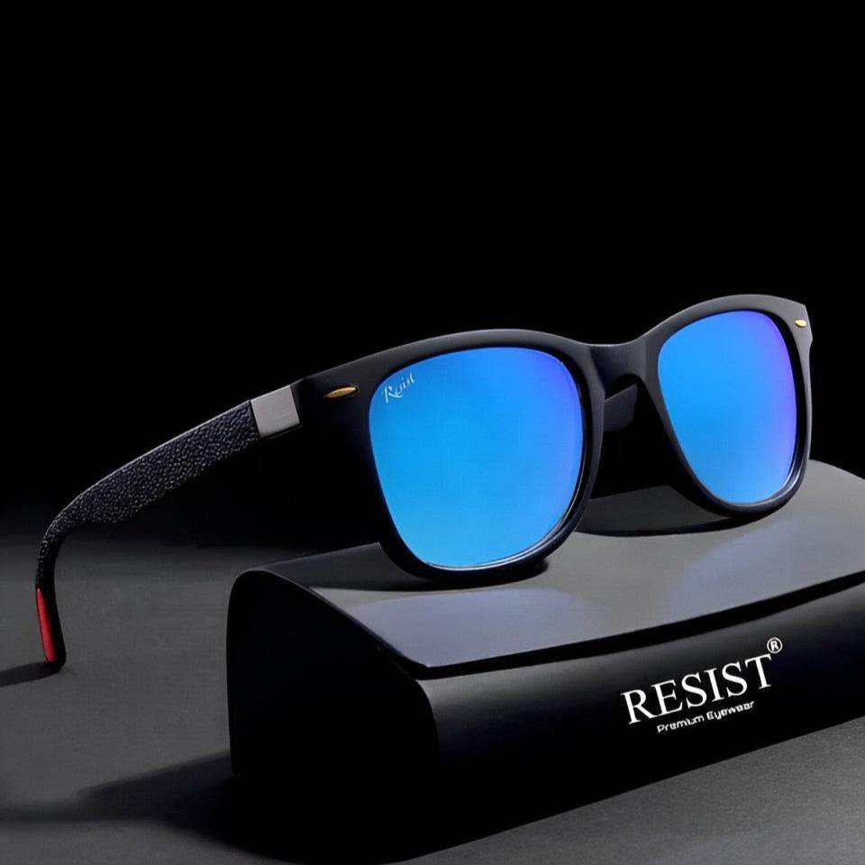 Sunglass Lover blue wayfarer sunglasses black frame mirrored blue lenses textured temples on display