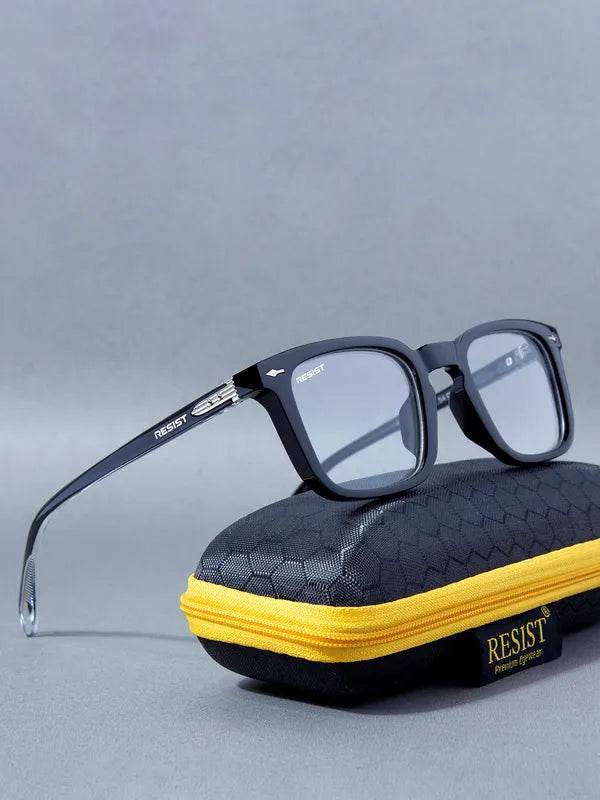 Sunglass Lover Antiblue eyeglasses with clear black eyeglass frames resting on black zip case with yellow trim