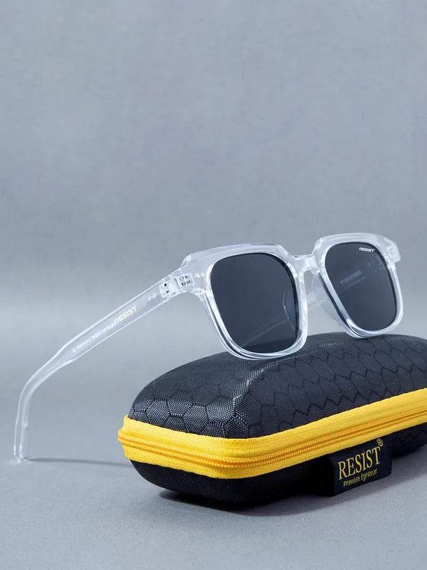 Sunglass Lover square sunglasses with clear frames and black lenses on black zippered case clear black glasses for men