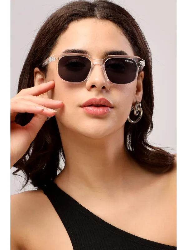 Sunglass Lover square clear frame sunglasses with dark lenses worn by model clear black glasses for men