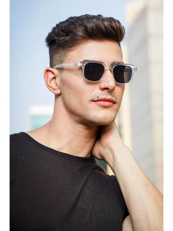Sunglass Lover square sunglasses on male model with clear frames and black lenses clear black glasses for men