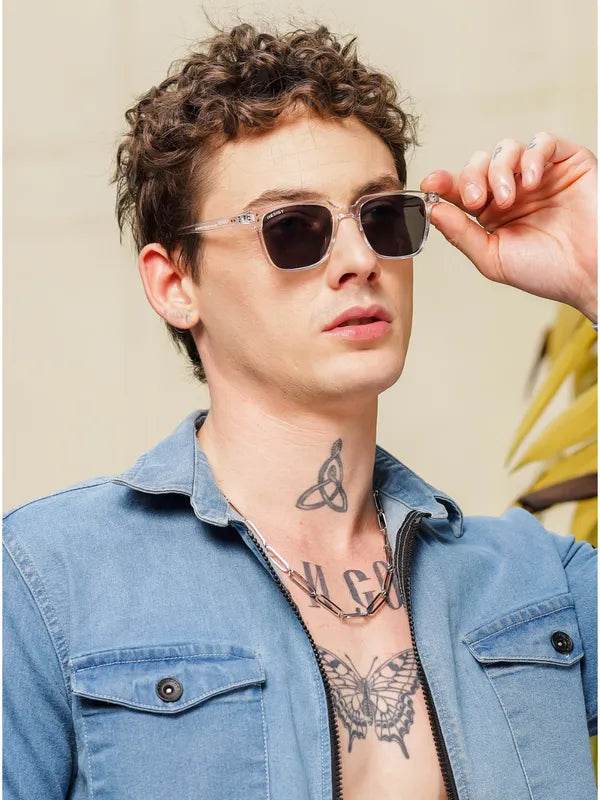 Sunglass Lover male model wearing clear black wayfarer sunglasses with transparent frames and black lenses for casual style