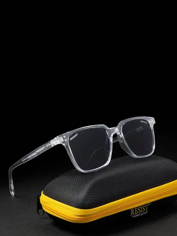 clear black wayfarer sunglasses with transparent frames and dark lenses on a yellow zip case by Sunglass Lover