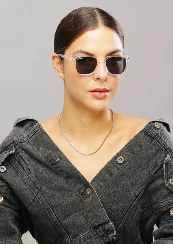 Sunglass Lover clear black wayfarer sunglasses on female model with clear frames black lenses casual style