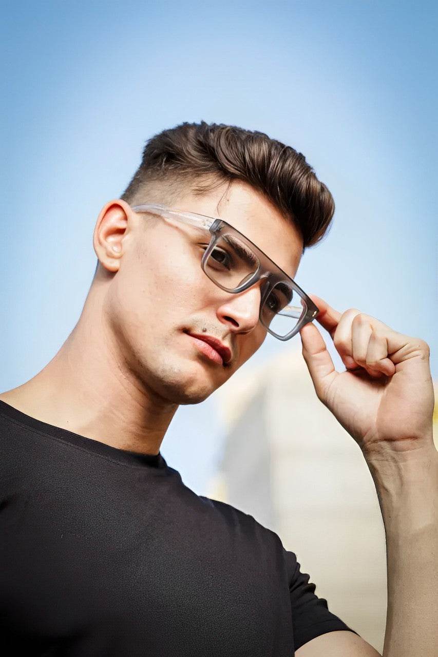 Sunglass Lover antiblue eyeglasses on a man wearing clear square eyeglass frames for screen use