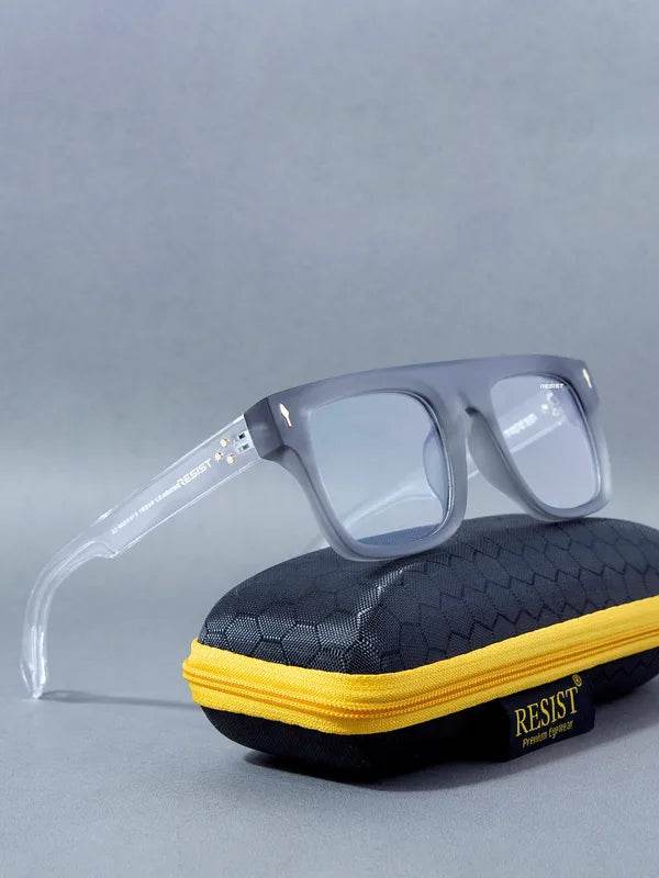 Sunglass Lover Antiblue eyeglasses with clear square eyeglass frames translucent gray on black yellow case