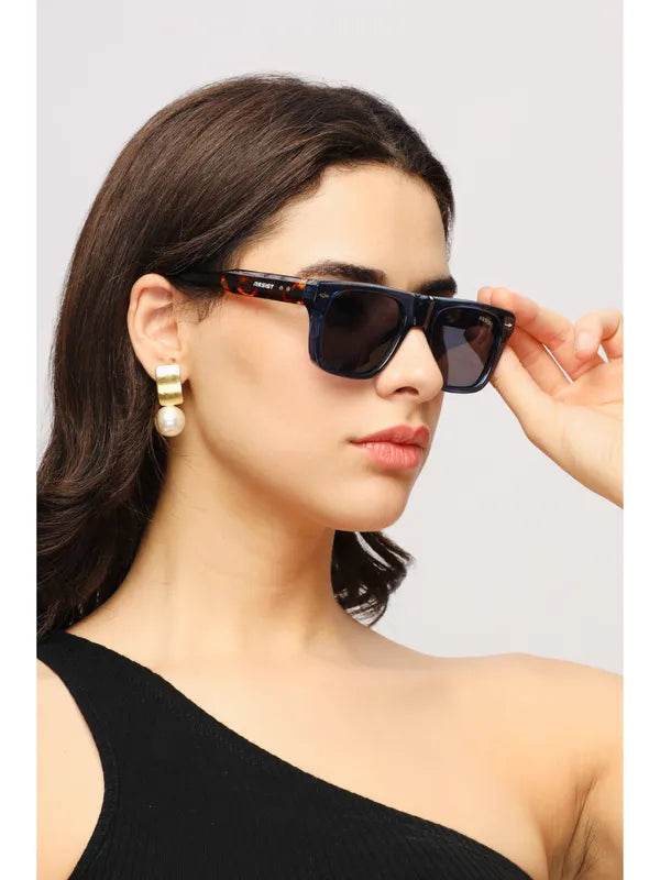 Sunglass Lover crystal blue wayfarer sunglasses square frame on woman model with dark lenses and tortoise temples