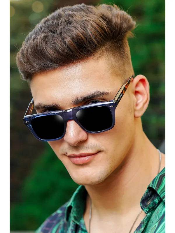 Sunglass Lover model wearing crystal blue wayfarer sunglasses square frames with dark lenses outdoors