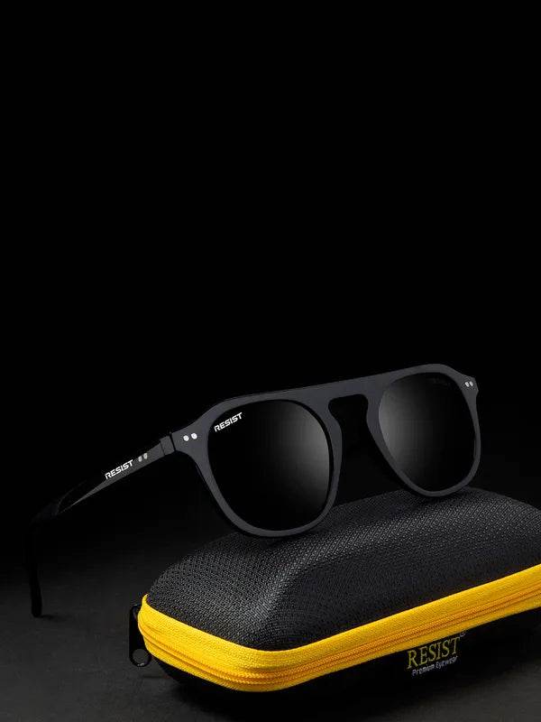 Sunglass Lover oval double bridge black sunglasses resting on a textured black case with yellow zipper