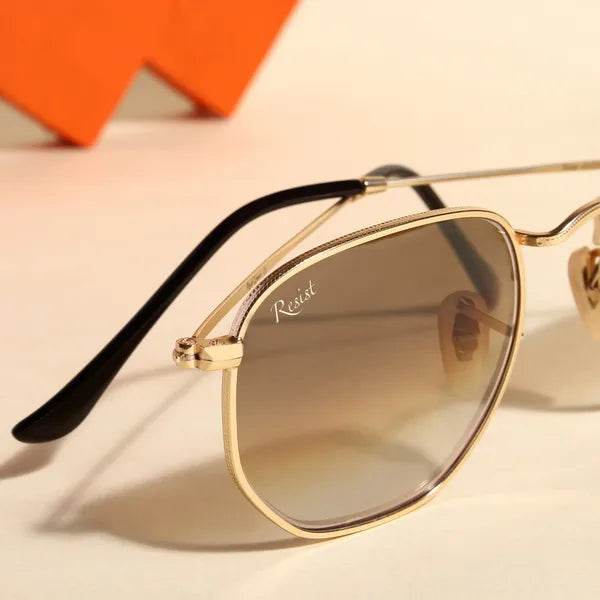 Sunglass Lover Hexa brown gradient sunglasses with gold hexagonal frame and black temple tips