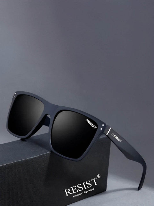 Jack Marc black wayfarer sunglasses square frame in matte black displayed on RESIST box by Sunglass Lover