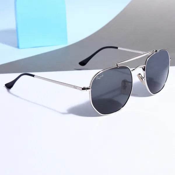 Sunglass Lover octivia silver black sunglasses hexagonal silver frame dark lenses double bridge