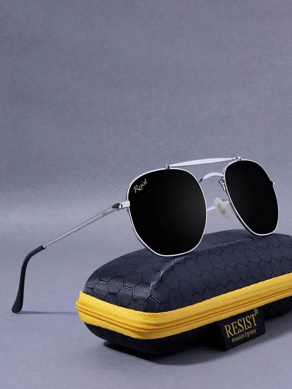 octivia silver black sunglasses hexagonal silver frame black lenses on navy case with yellow zipper