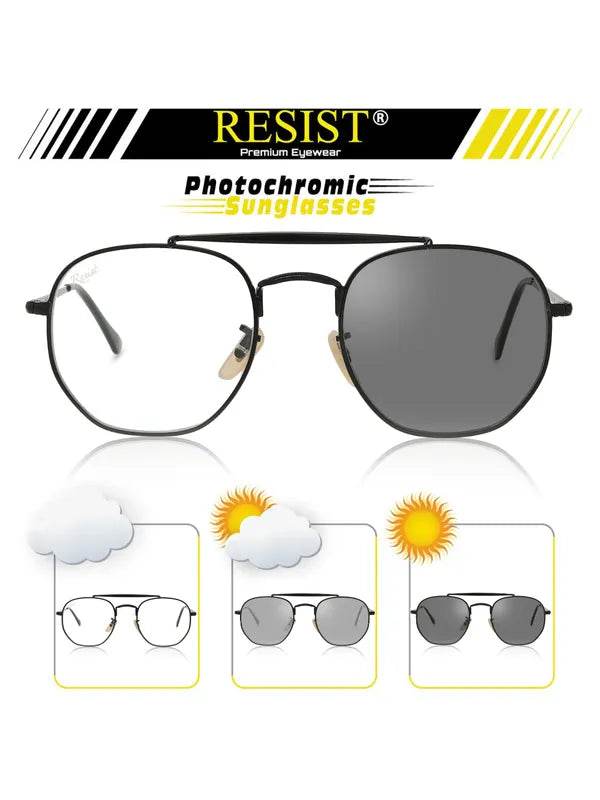 Sunglass Lover photochromic day night glasses aviator metal frame showing clear and dark lenses transition