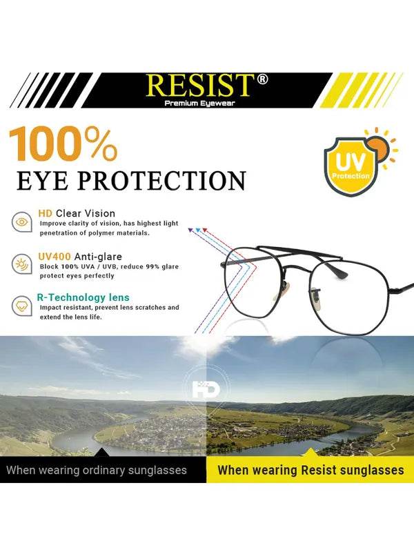Resist eyeglasses with UV protection and HD clarity showing photochromic day night glasses demo