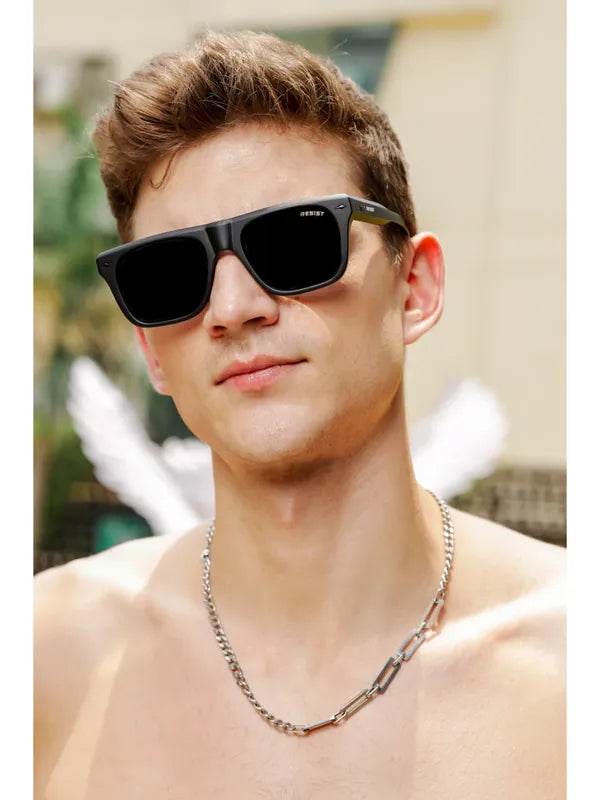 Male model wearing black Pioneer Square sunglasses by Sunglass Lover square frame UV protection