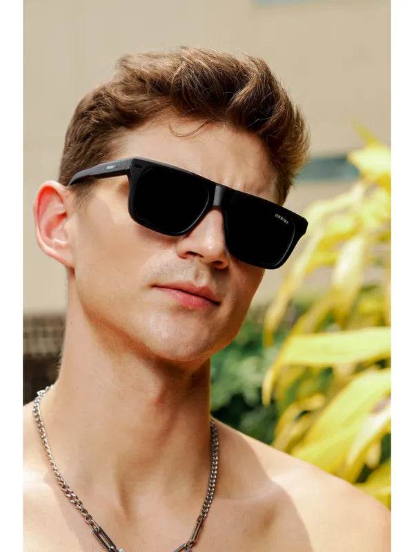 Pioneer Square sunglasses black square frame on male model outdoors by Sunglass Lover