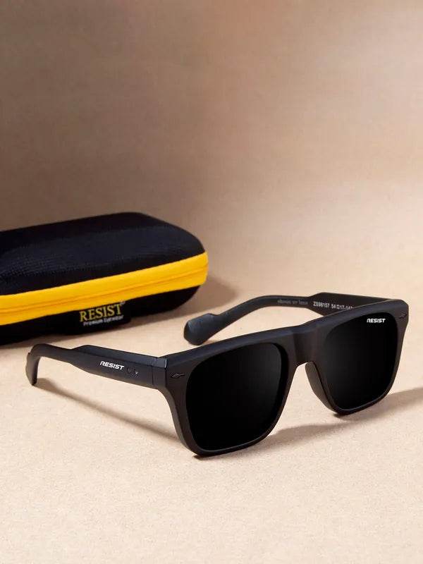Sunglass Lover Pioneer Square sunglasses black matte square frame with polarized lenses and yellow zip case
