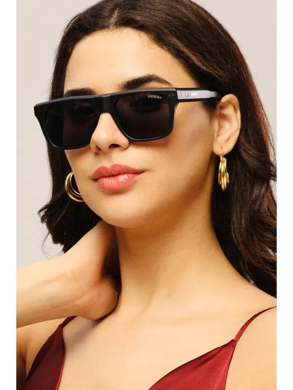 Sunglass Lover Pioneer Square sunglasses black square frame on model with gold hoop earrings and burgundy top