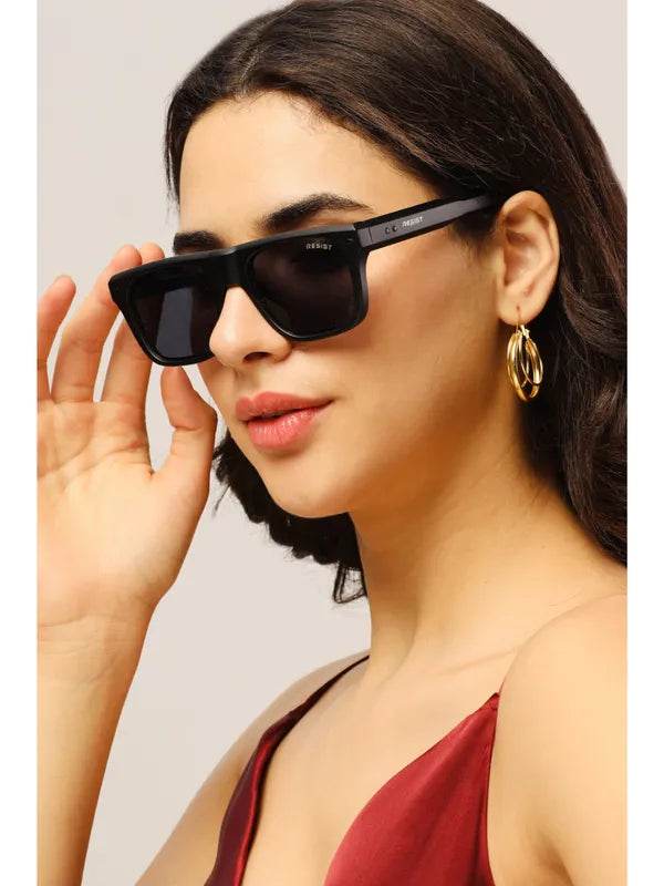 Woman wearing black Pioneer Square sunglasses from Sunglass Lover with square frames and gold hoop earrings