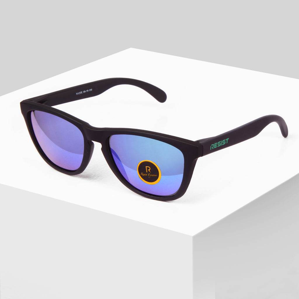 Sunglass Lover polarized square wayfarer sunglasses black matte frame with blue mirrored lenses on white display