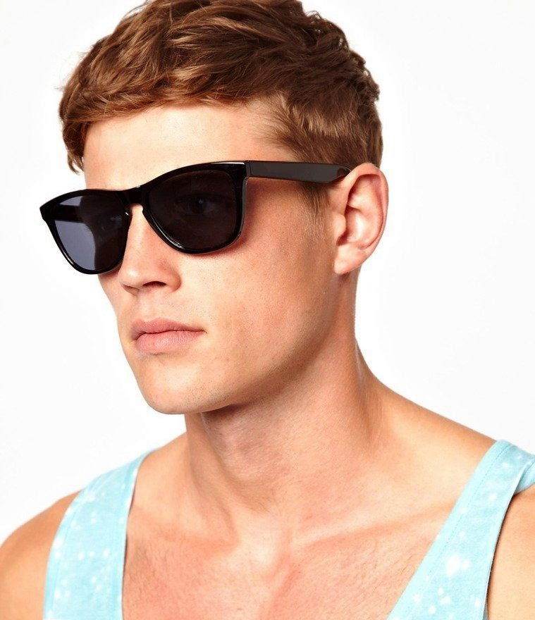 Sunglass Lover polarized square wayfarer sunglasses on male model wearing black frames