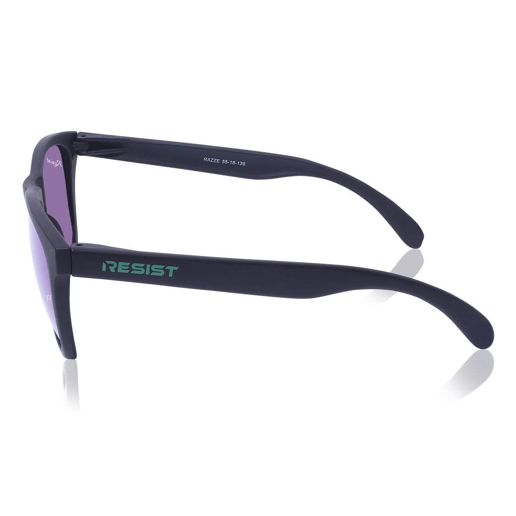 Sunglass Lover polarized square wayfarer sunglasses navy frame with purple lenses and RESIST temple logo