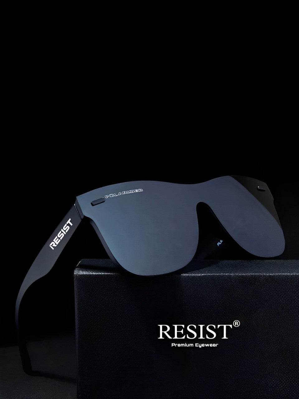 Sunglass Lover polarized wayfarer sunglasses matte black shield lens RESIST logo on temple and case
