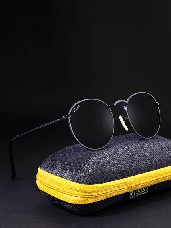 Sunglass Lover round black sunglasses with thin metal frame and nose pads on protective zip case