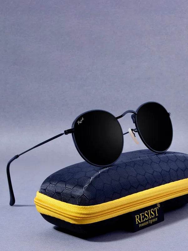 Sunglass Lover round black sunglasses with thin metal frame and adjustable nose pads on a blue zippered case