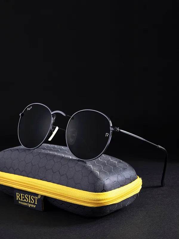 Sunglass Lover round black sunglasses with thin metal frame resting on hex textured case with yellow zipper