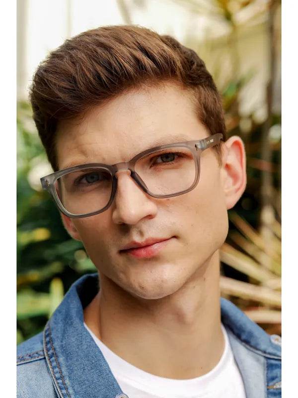 Sunglass Lover Sabestian Grey Wayfarer Eyeglass antiblue lenses on male model with clear grey frames for screen protection