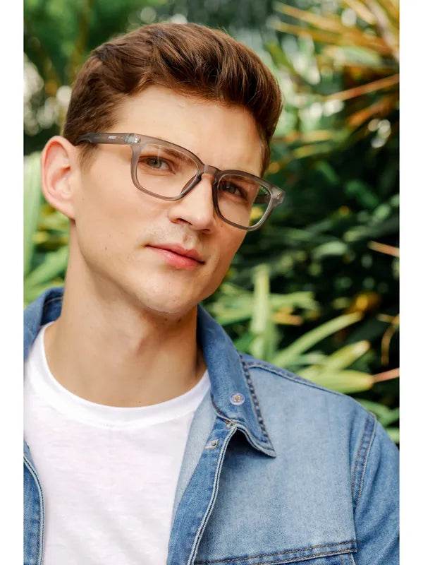 Sunglass Lover Sabestian Grey Wayfarer Eyeglass antiblue frames worn by man in denim jacket outdoors