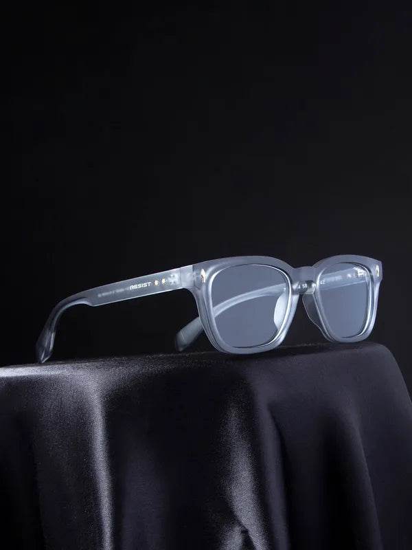 Sabestian Grey Wayfarer Eyeglass antiblue eyeglasses by Sunglass Lover displayed on black draped fabric