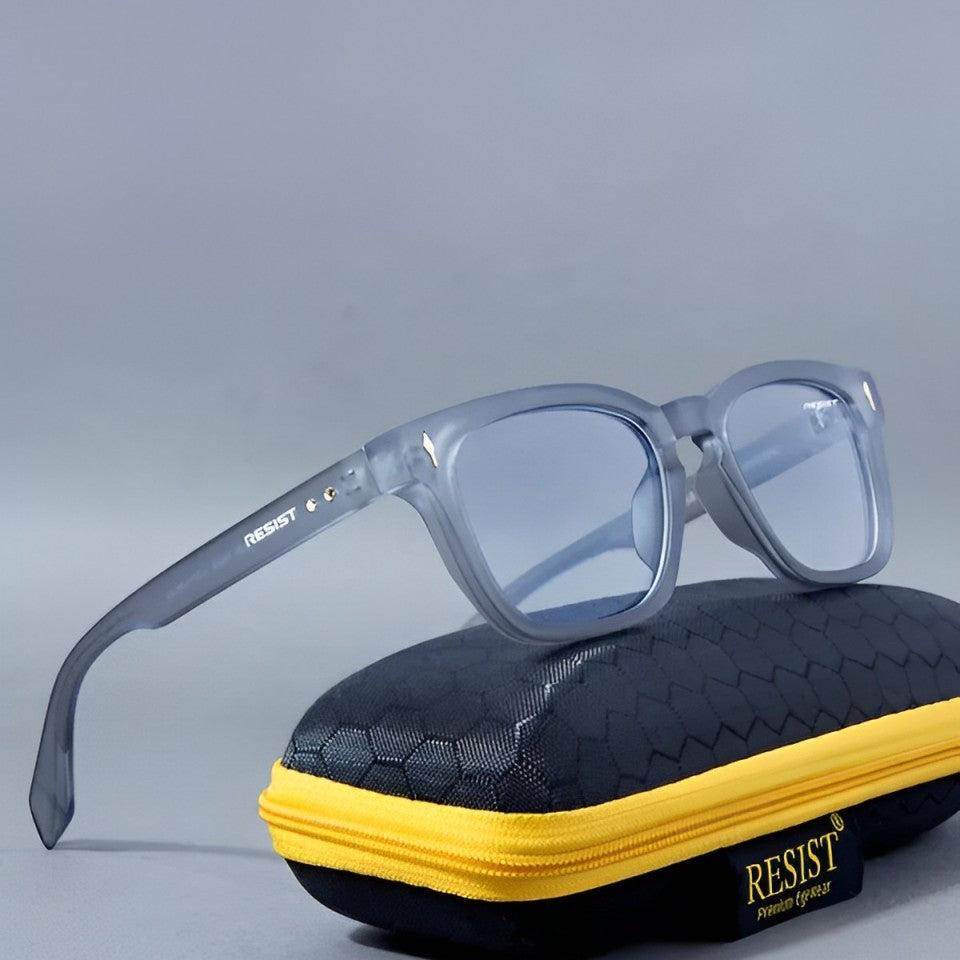 Sunglass Lover Sabestian Grey Wayfarer Eyeglass antiblue lenses on grey translucent frame resting on black yellow case